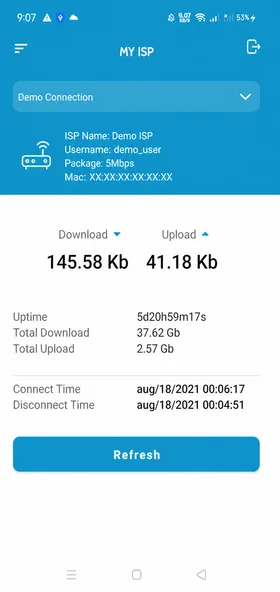 MY ISP subscriber app screen — Connection usage and package details