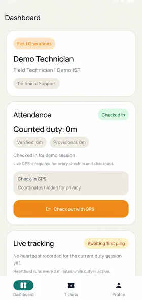 MY ISP Workplace employee app screen — Duty and attendance details