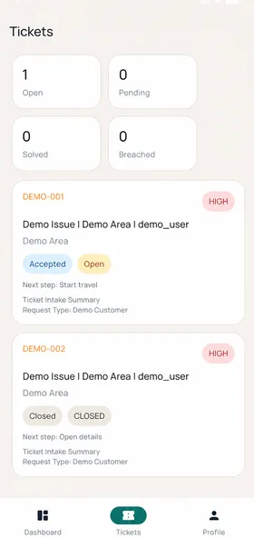 MY ISP Workplace employee app screen — Service ticket list